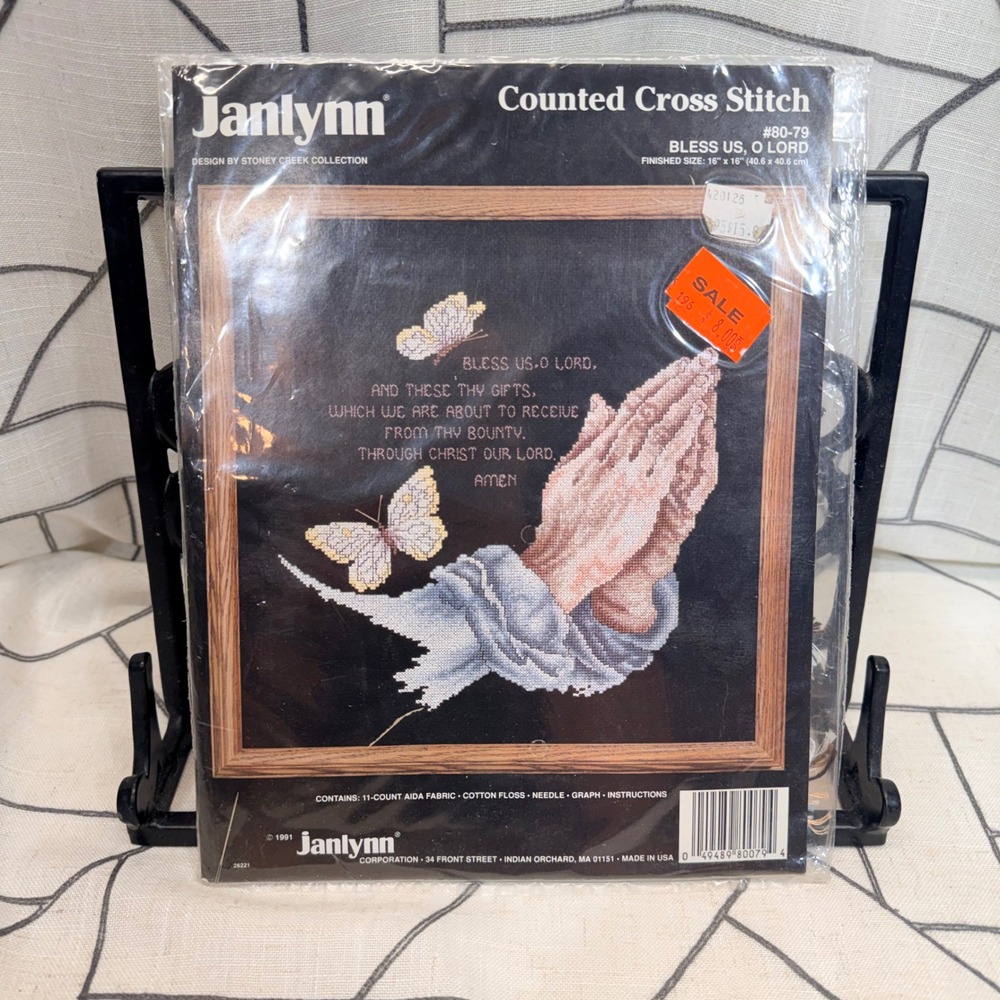 Janlynn Cross Stitch Kit 16x16 Black Bless Us O Lord Praying Hands Vintage 1991